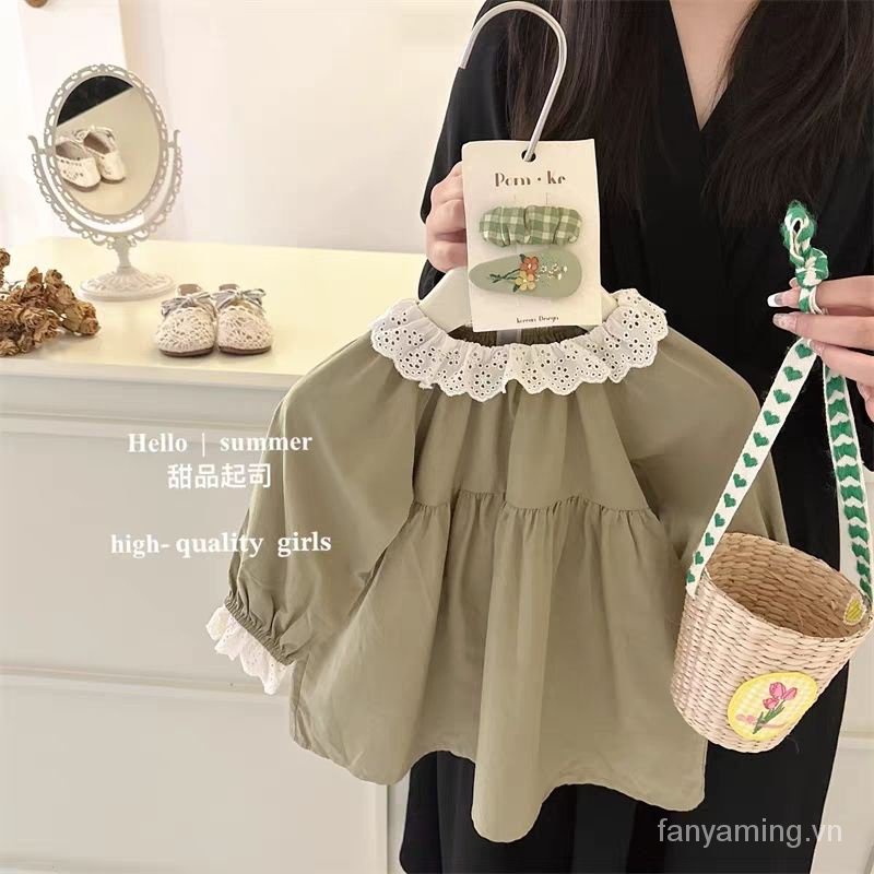 Đầm Công Chúa Tay Dài Vải cotton Màu Trơn Phối Ren Thời Trang Mùa Thu 2023 Phong Cách Hàn Quốc Cho Bé Gái sjfq