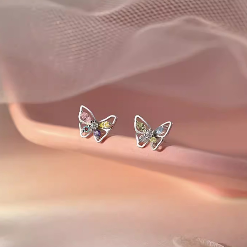 We flower Bông Tai Mạ Bạc 925 Hình Bướm Đính Pha Lê Nhiều Màu Phong Cách Hàn Quốc