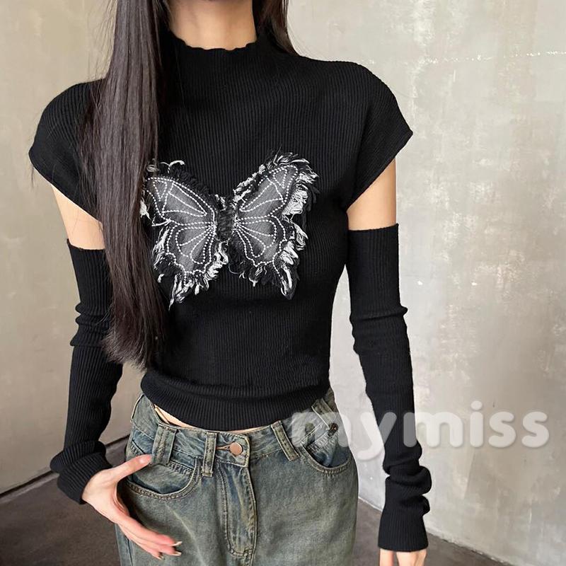 Mymiss1-áo Thun Dệt Kim Tay Dài Có Mũ Trùm In Hình Bướm Thời Trang Mùa Thu Dành Cho Nữ