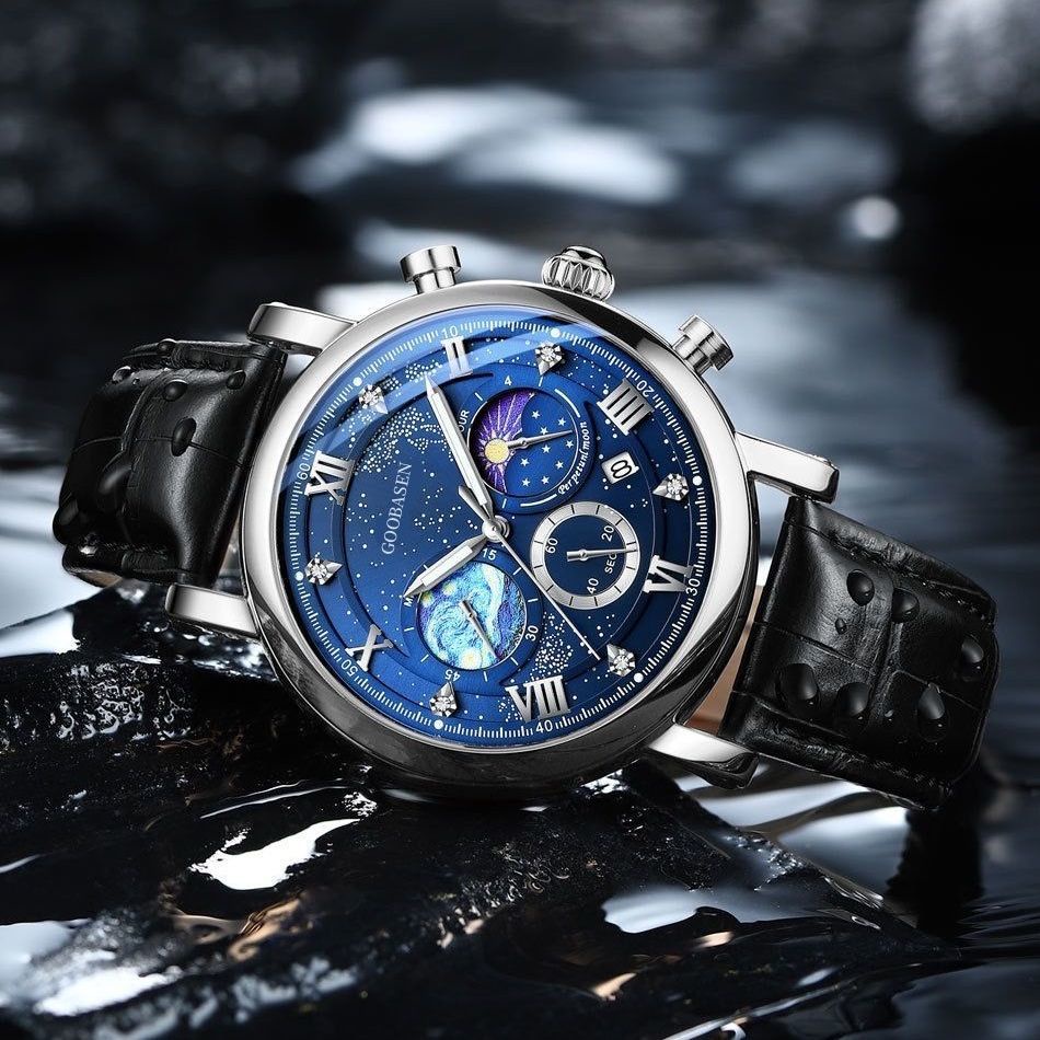 Đồng Hồ Đeo Tay Ba Mắt Chống Nước Phát Sáng Không Cơ Mặt Trời Mặt Trăng Phong Cách Mới Cao Cấp Thời Trang Cho Nam