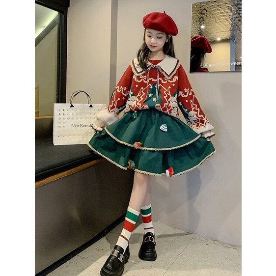 Bộ Áo Váy Hai Món Phối Lông Phong Cách Giáng Sinh Và Năm Mới Cho Bé Gái
