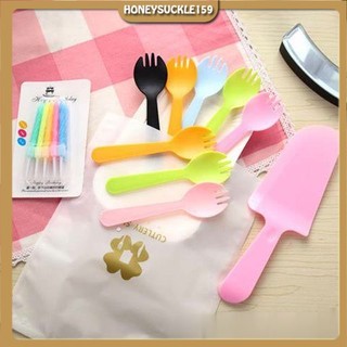 Combo 10 đĩa giấy + 10 dĩa + 1 dao + 1 vỉ 10 cây nến,set dao dĩa nĩa nến sinh nhật dùng 1-lần phụ kiện bánh sinh nhật