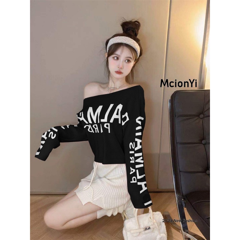 Mcionyi Áo sweater Dệt Kim Tay Dài Dáng Rộng Ngắn Hở Vai Thời Trang 2023 Cho Nữ