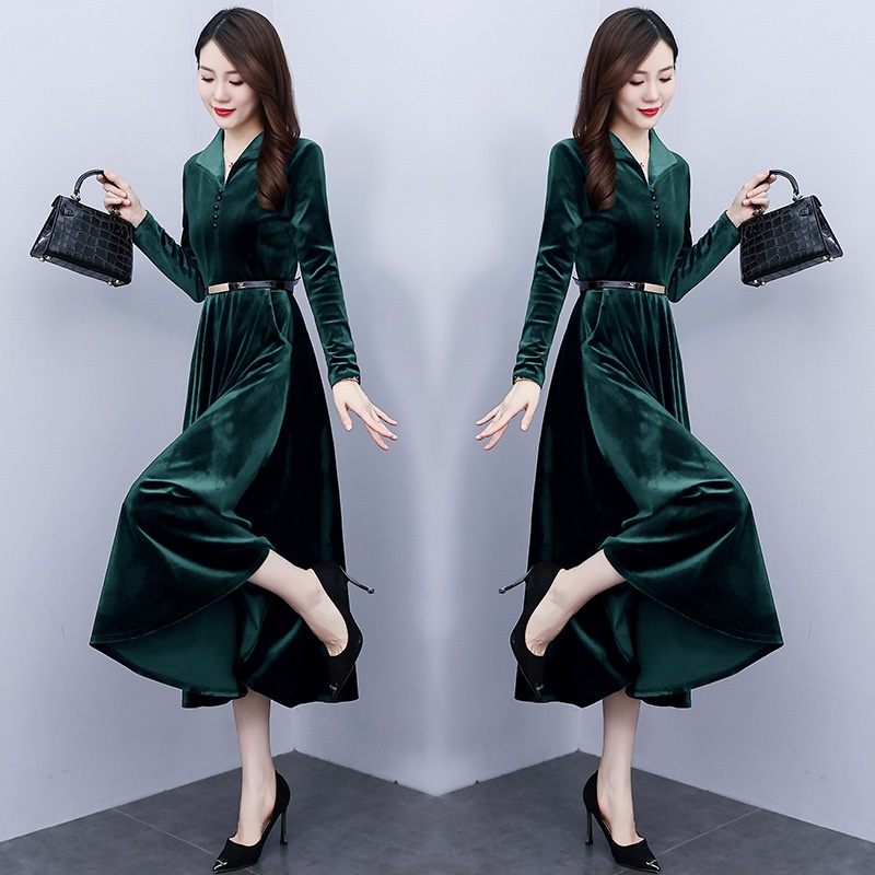 Đầm Tay Dài Có Túi Chất Liệu Nhung Màu Vàng Thời Trang Mùa Thu Cho Nữ