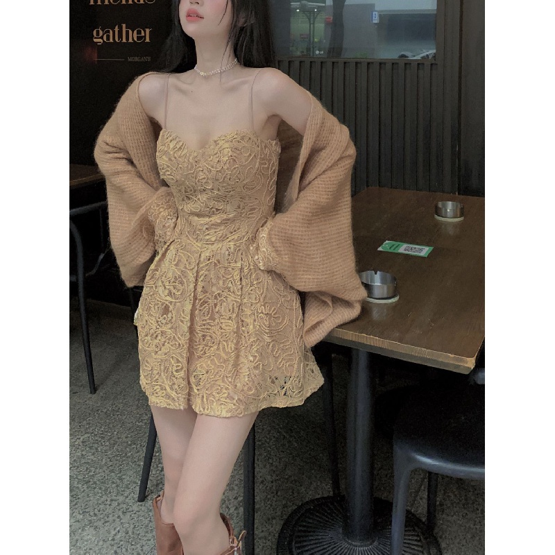 New sling lace dress soft waxy slimming sweater cardigan suit for girls dress long sleeve retro sweater two-piece suit