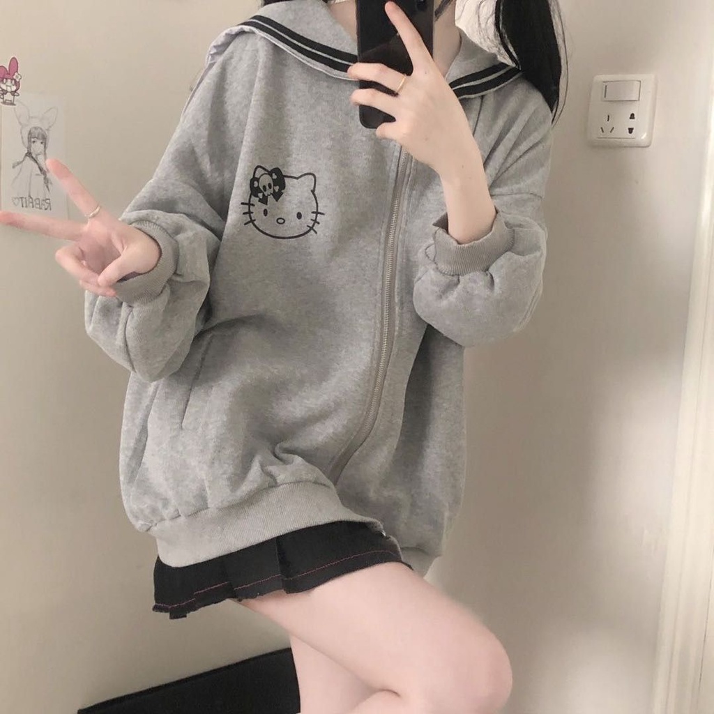 Áo sweater Mỏng Tay Dài Cổ Hải Quân Có Khóa Kéo Mềm Mại In Hình Tai Gấu Dễ Thương Thời Trang Xuân Hè Cho Nữ