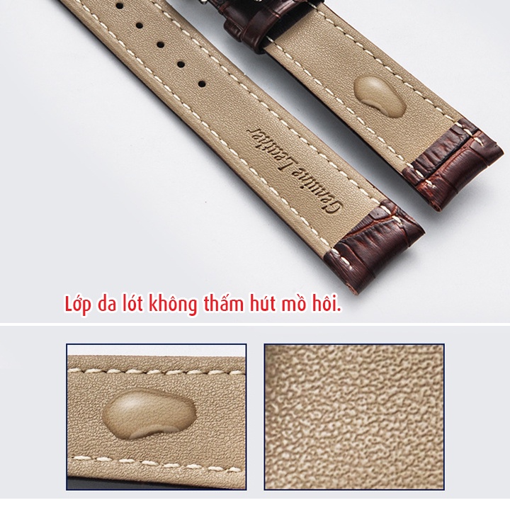 Dây đeo cho đồng hồ Orient, da bò dập vân cá sấu, size 21mm 22mm 20mm khoá bướm 2 nút bấm khắc logo theo yêu cầu - D1701