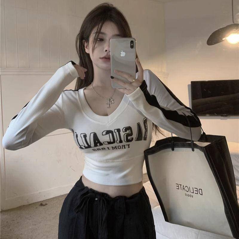 Áo Thun Tay Dài Cổ Chữ v Ghép Màu Tương Phản Phong Cách Mới Mùa Xuân Thu 79 House