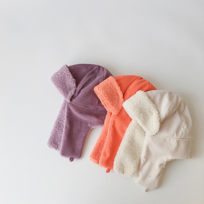 Mũ Phi Công Vải Nhung Lông Xù Màu Trơn Bảo Vệ Tai Chống Gió Mùa Đông Hàn Quốc Cho Trẻ Em