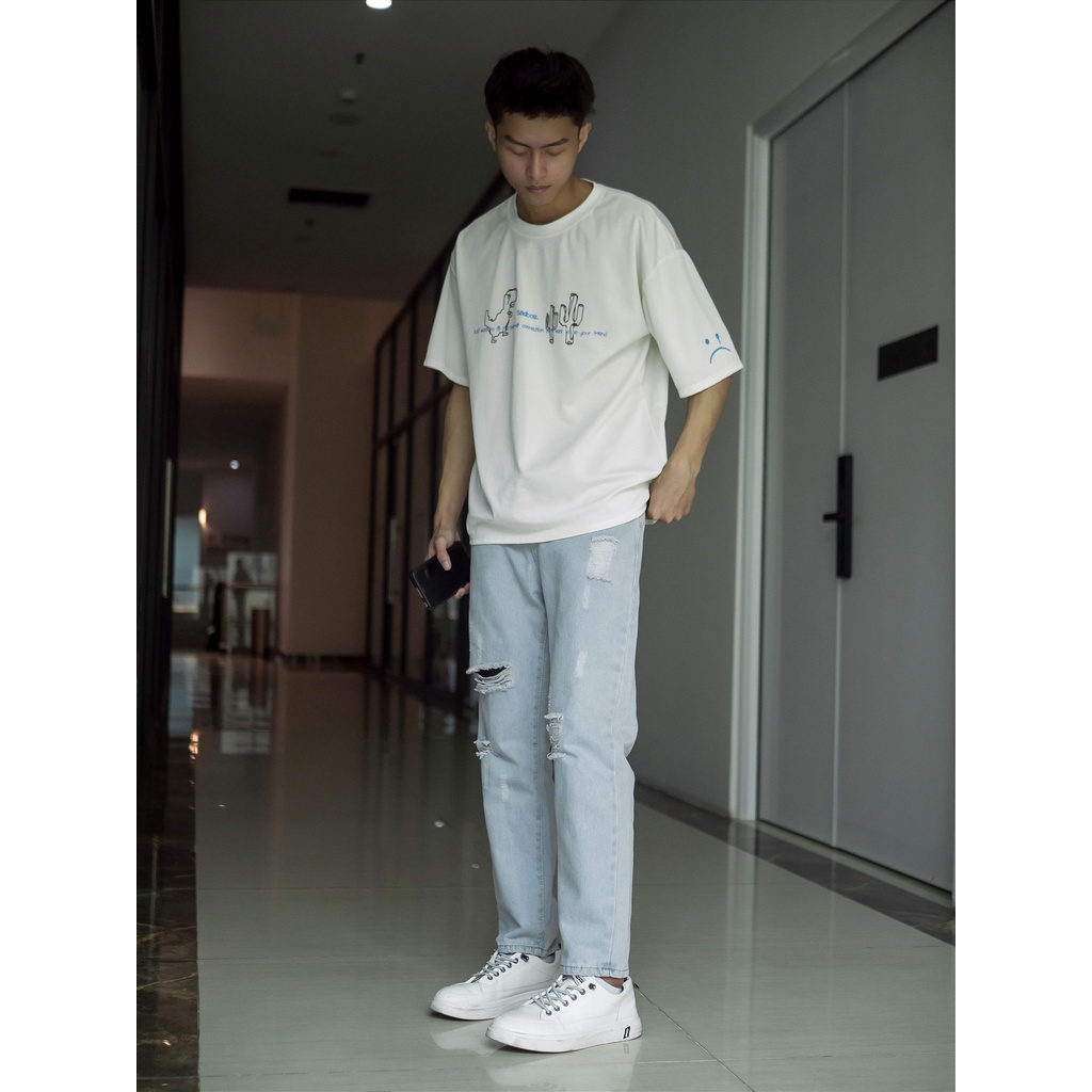 Quần jeans nam nữ rách dáng baggy suông màu xanh trắng nhạt mài rách xước gối đùi đẹp Pon.mens