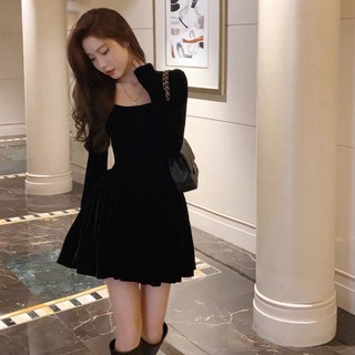 Suxi Mùa Thu Mới Đầm Dự Tiệc Phong Cách Hàn Quốc Thời Trang Retro Cổ Vuông Dài Tay Nữ Chữ A