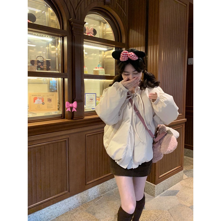 Áo Khoác Đệm cotton Dày Dáng Rộng Cổ Tròn Thắt Nơ Ngọt Ngào Cao Cấp Mùa Thu Hàn Quốc Cho Nữ