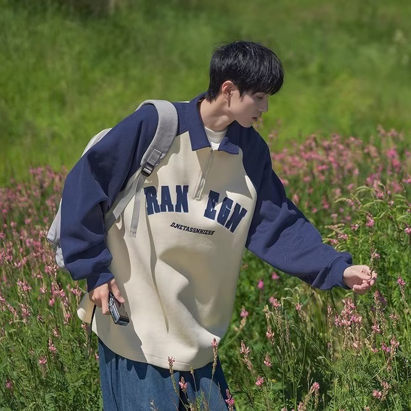 Áo Thun polo Tay Dài Dáng Rộng Có Khóa Kéo Màu Sắc Tương Phản Phong Cách Hàn Quốc Thời Trang Cho Nam