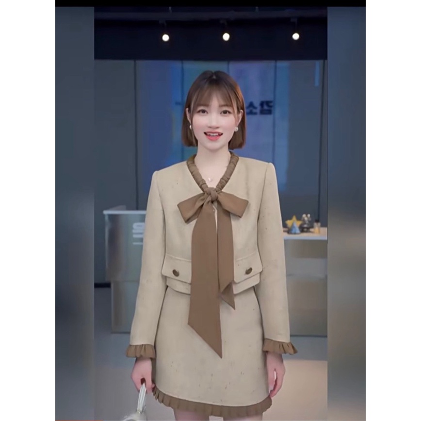 Set gấm phối nâu áo cột nơ +chân váy