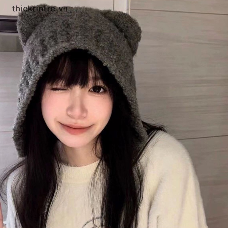 Mũ Len Trùm Tai Giữ Ấm Mùa Đông Hình Tai Gấu Dễ Thương