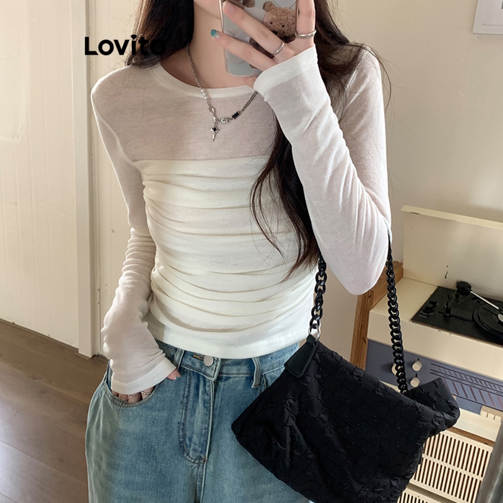 Lovito Áo Thun Vải Lưới Tương Phản Trơn Đơn Giản Dành Cho Nữ LNA34008 (Xanh Nhạt/Trắng Nhạt)