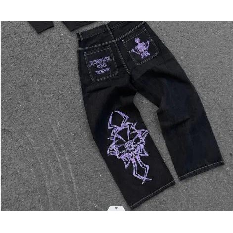 Quần jeans baggy Ống Rộng Thêu Hình Đầu Lâu Phong Cách hip hop Thời Trang Cho Nam y2k