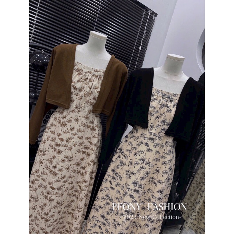 Set váy hoa kèm áo khoác len