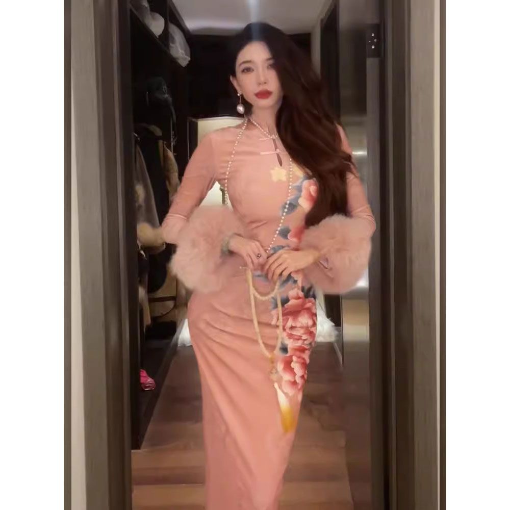 Sườn Xám Cách Tân Màu Hồng Phong Cách Thời Trang Mùa Thu Mới 2023