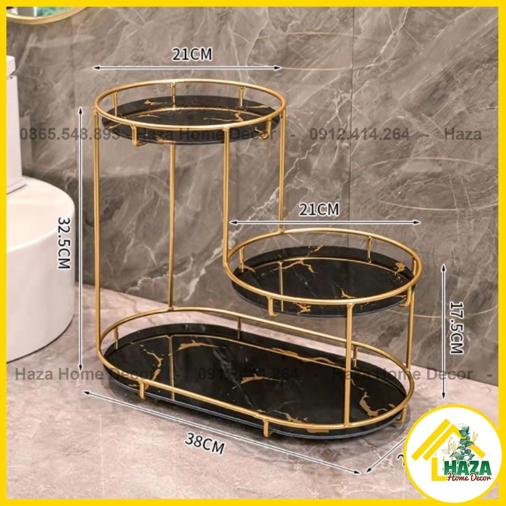 SẴN- Kệ mỹ phẩm 3 tầng tròn khung sắt sơn vàng, đĩa kính vân đá sang trọng đựng đồ trang điểm, mỹ phẩm