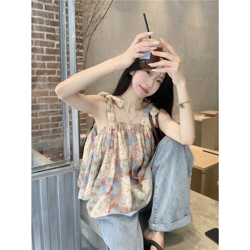 Áo Hai Dây Dáng Ôm Ngắn In Họa Tiết Thời Trang Mùa Hè Pháp 2023 Cho Nữ