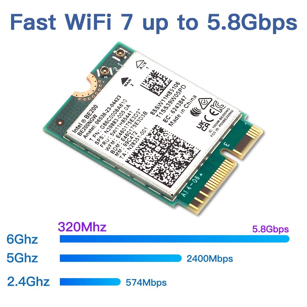Wifi 7 intel be200 Thẻ wifi bluetooth 5.4 Băng Tần 2.4g / 5g / 6ghz 5.8Gbps m.2 ngff Cho win10 / 11