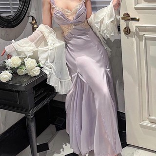 V73 Váy ngủ dài lụa phối ren cao cấp