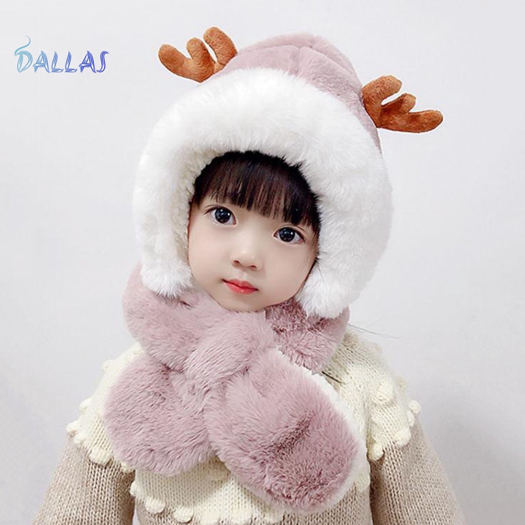 Mũ Trùm Đầu Vải Lông Dày Mềm Mại Giữ Ấm Tai Và Khăn Choàng Cổ Trang Trí Sừng Hươu Mùa Đông unisex