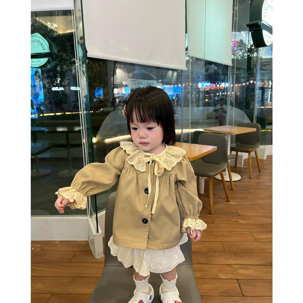 Áo Khoác Kaki Mềm Cổ Viền Ren Buộc Nơ Điệu Đà