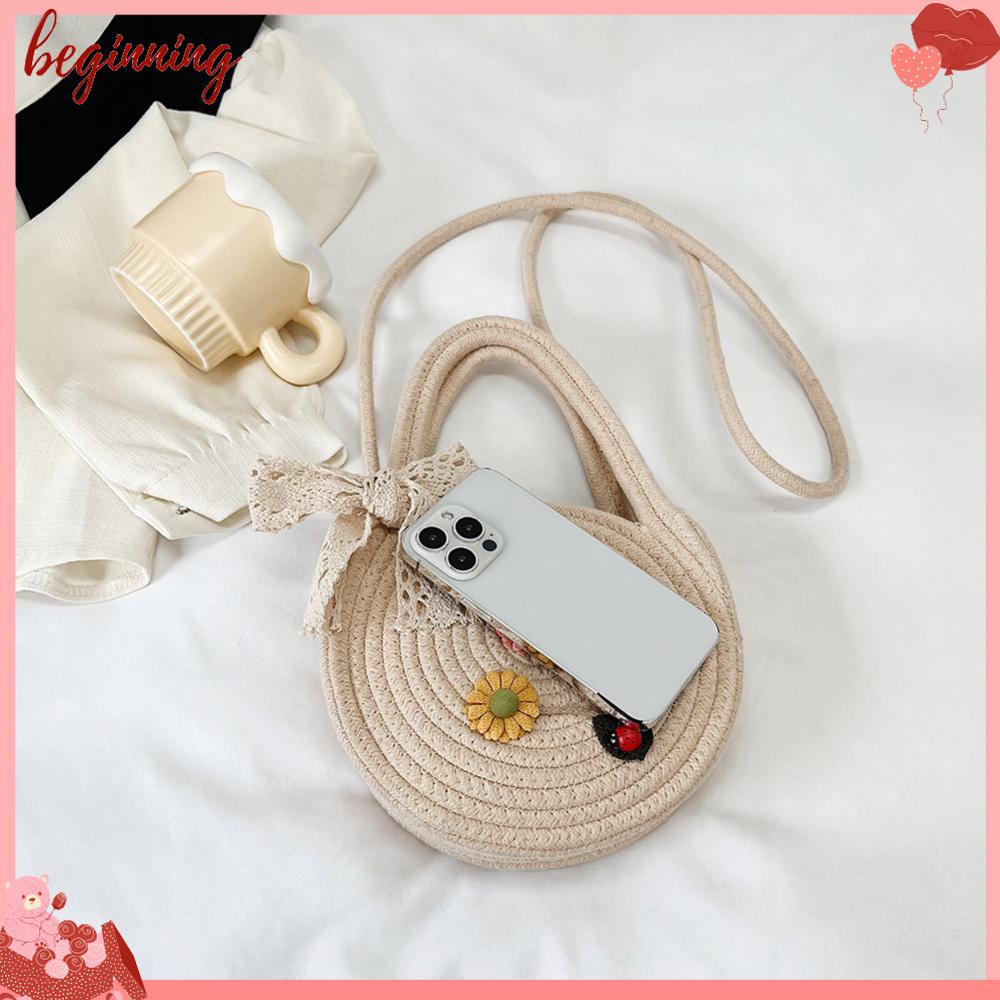 Túi Đeo Chéo Đan Len Hình Tròn Đính Hoa Dễ Thương Thời Trang Mùa Hè Cho Nữ