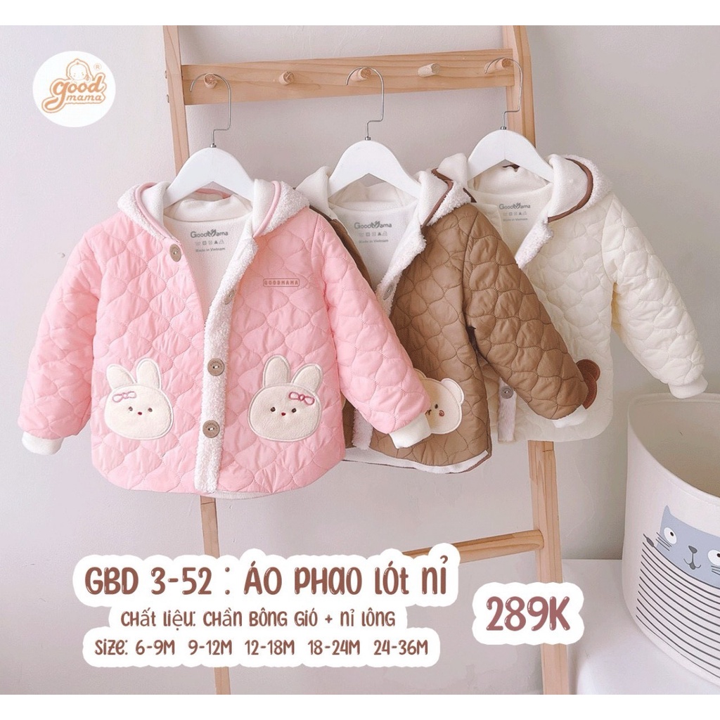 Áo khoác phao nỉ lót lông Goodmama mềm mịn ấm áp cho bé từ 6 tháng đến 3 tuổi