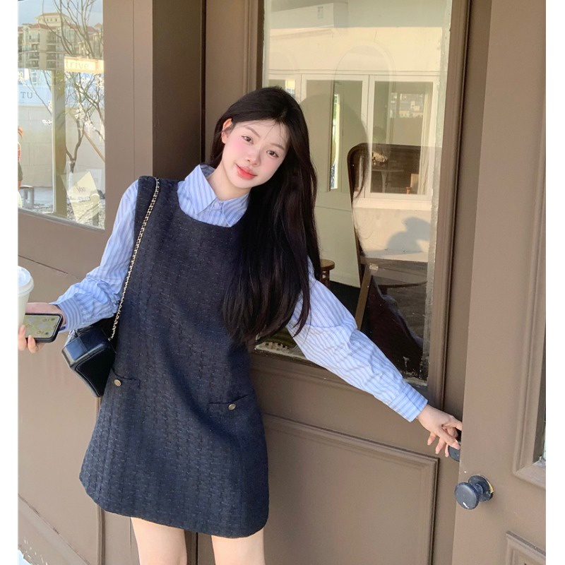 Set Áo Thun Dài Tay Cổ Tròn + Chân Váy Yếm Thời Trang Nữ