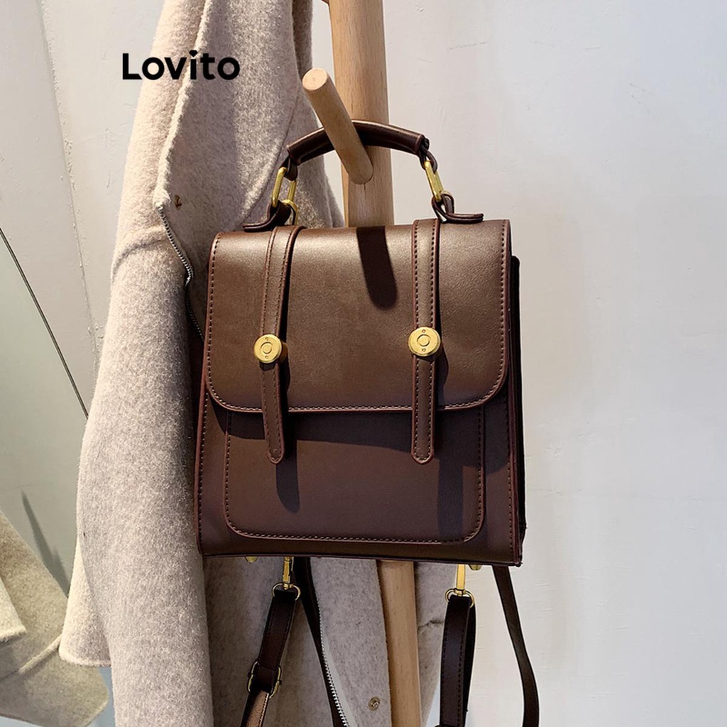 Lovito Ba lô Preppy Plain Metal England Phong cách Retro Đơn giản dành cho Nữ LFA08619 (Nâu/Sepia/Trắng)