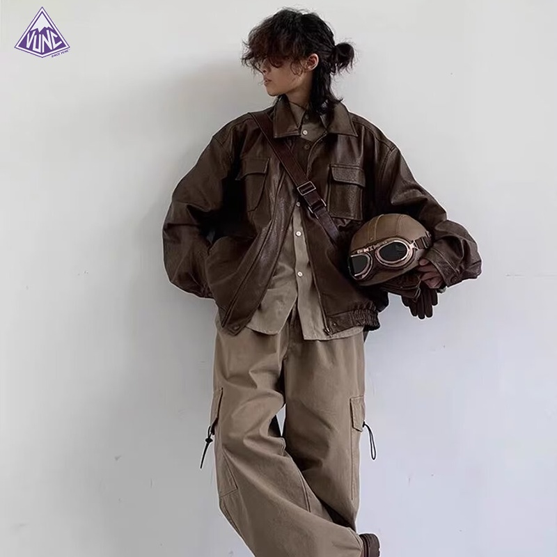 Áo khoác da VUNC dáng rộng nhiều túi phong cách cổ điển cho nam