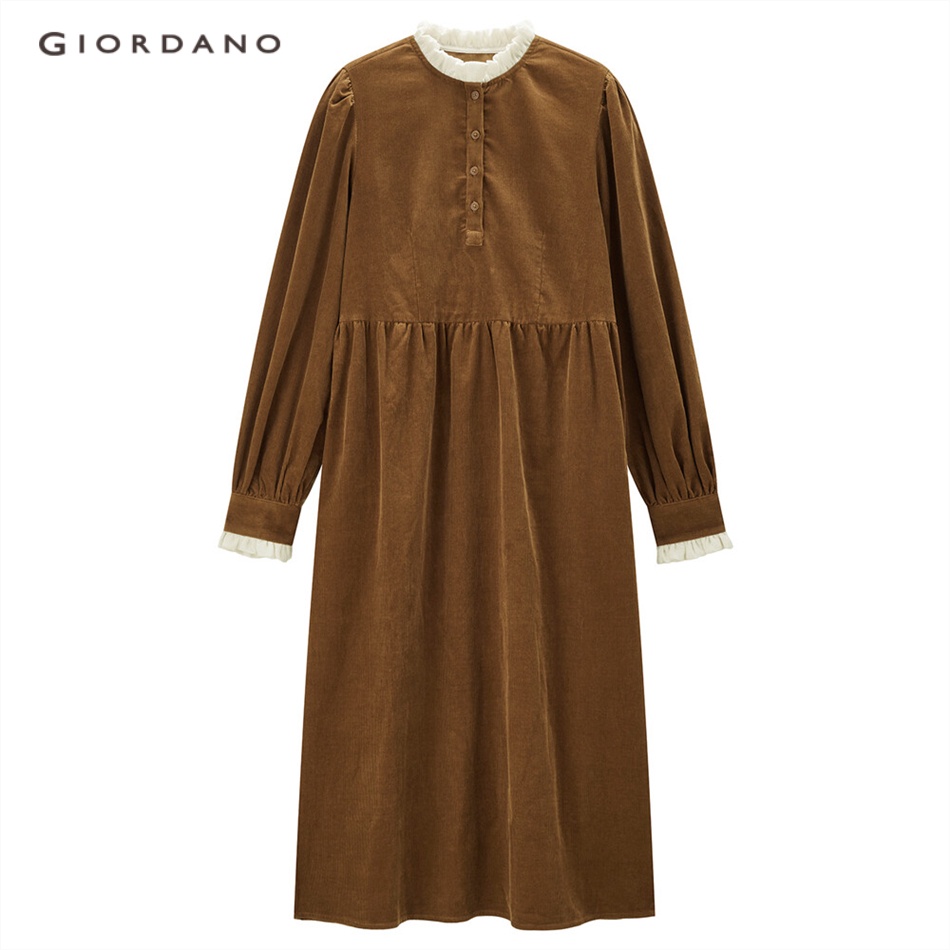 GIORDANO WOMEN Lace trims high neck cotton corduroy dress 05463688