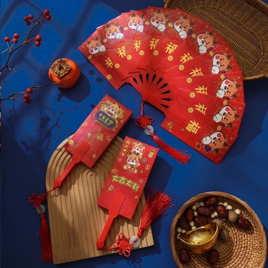 Bao Lì Xì Đỏ Hai Mặt 10 Thẻ angpao Hình Quạt Dày Sáng Tạo Năm Mới 2024