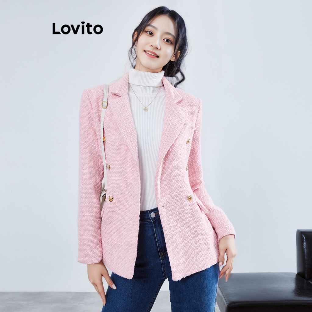 Áo blazer LOVITO vải tuýt có lớp lót phối nút trước màu trơn thanh lịch cho nữ LBE01033 (Màu hồng)