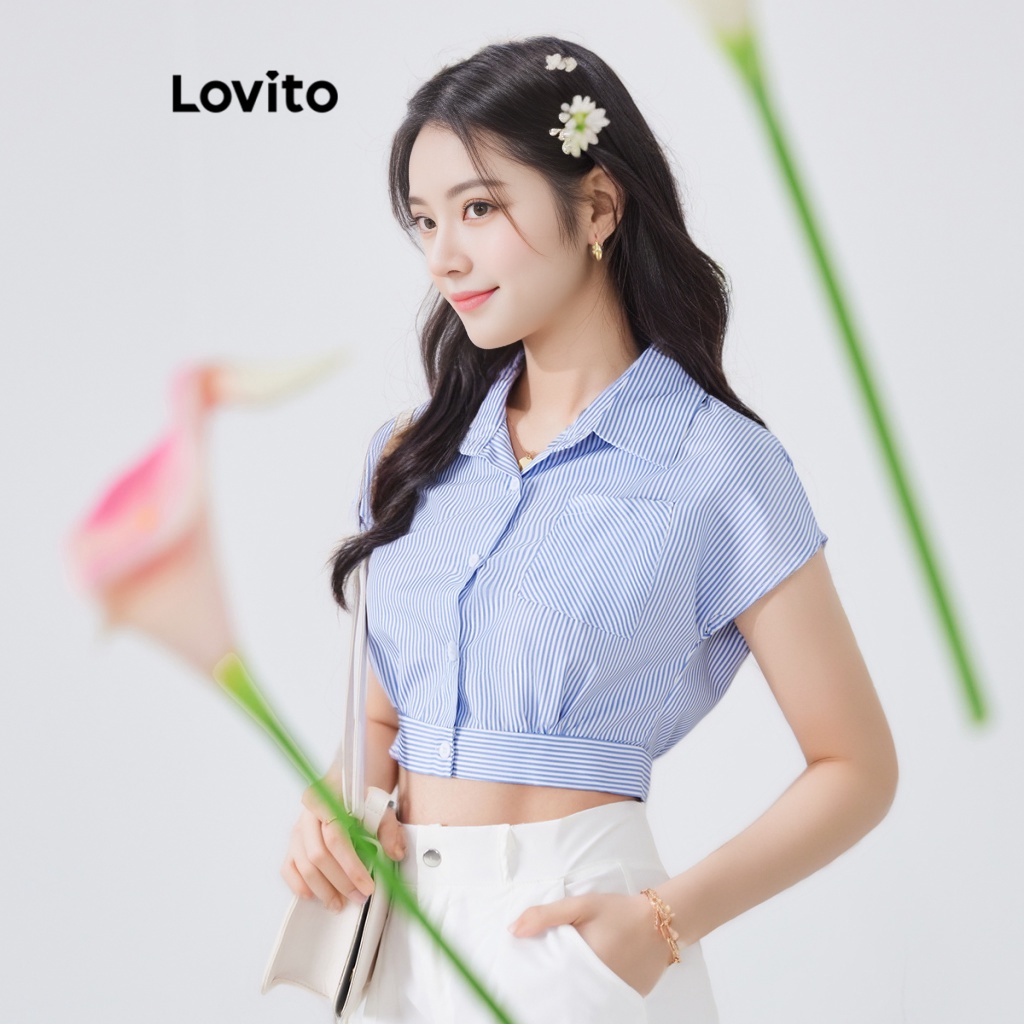 Áo kiểu Lovito phong cách thường ngày họa tiết sọc phối nút phía trước phối túi có cổ dành cho nữ L54ED010 (xanh dương)