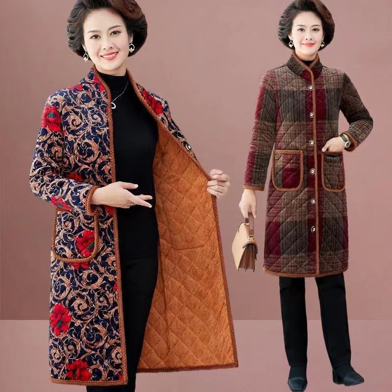 Áo Khoác Đệm Cotton Lót Lông Cừu Giữ Ấm Dáng Dài Cho Phụ Nữ Trung Niên