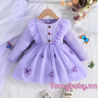 Đầm dự tiệc tay dài cổ tròn vải tuyn in hình bướm thời trang xinh xắn cho bé gái