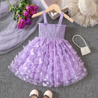 Đầm Công Chúa Hai Dây Không Tay Vải Tuyn In Hình Bướm 3D Màu Tím / Hoa Hồng Thời Trang Mùa Hè Cho Bé Gái 2-6 Tuổi
