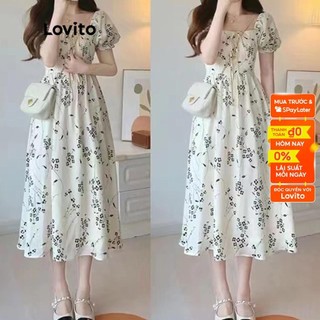 Đầm hoa Lovito tay phồng cho nữ LNE11043 (màu trắng nhạt)