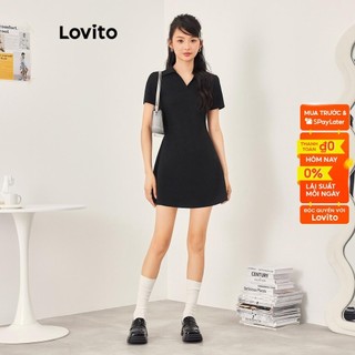 Đầm mini Lovito cổ chữ V có cổ tay ngắn xòe màu trơn phong cách thường ngày dành cho nữ L53AD035 (đen)
