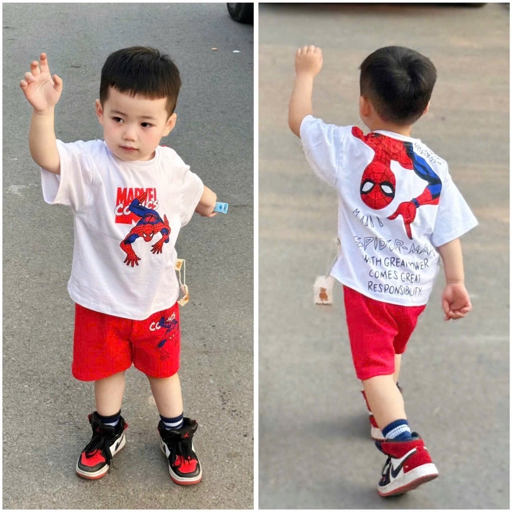 BN105- Bộ cộc tay bé trai hoạ tiết nhện Đỏ Trắng áo cotton mix quần cua MAi linh KID 2