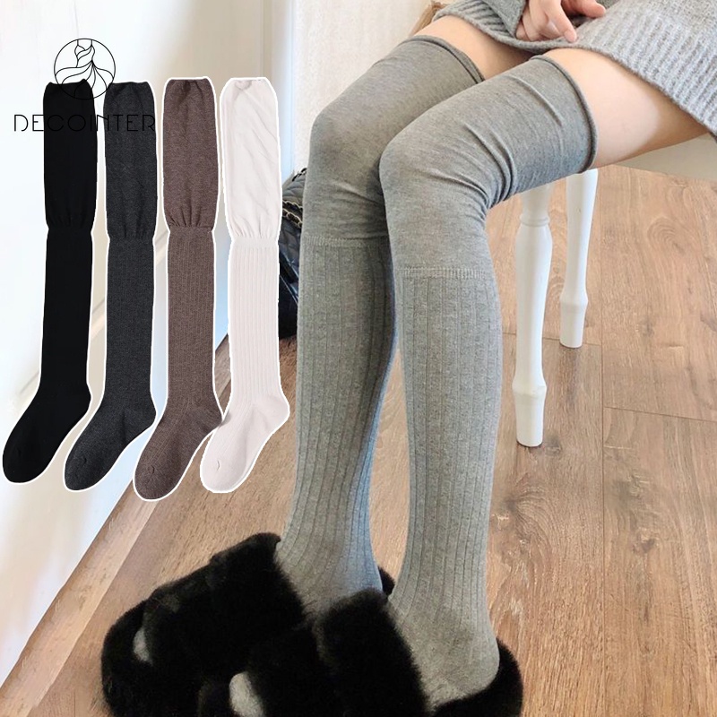 Vớ Len Dệt Kim Dài Qua Gối Màu Trơn Giữ Ấm / jk Sọc Ngang Nhật Bản