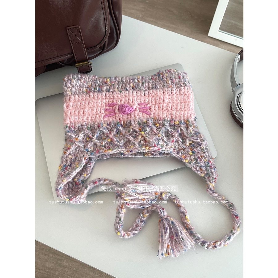 Mũ Len Dệt Kim Bảo Vệ Tai Giữ Ấm Mùa Thu Đông Hình Mèo Hồng Dễ Thương Vui Nhộn Cho Nữ