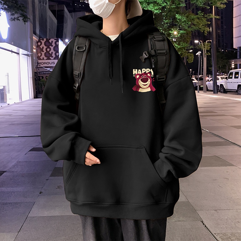 Áo Khoác hoodie Tay Dài Dáng Rộng In Hình Gấu Và Dâu Tây Thời Trang Xuân Thu Cho Nam Và Nữ