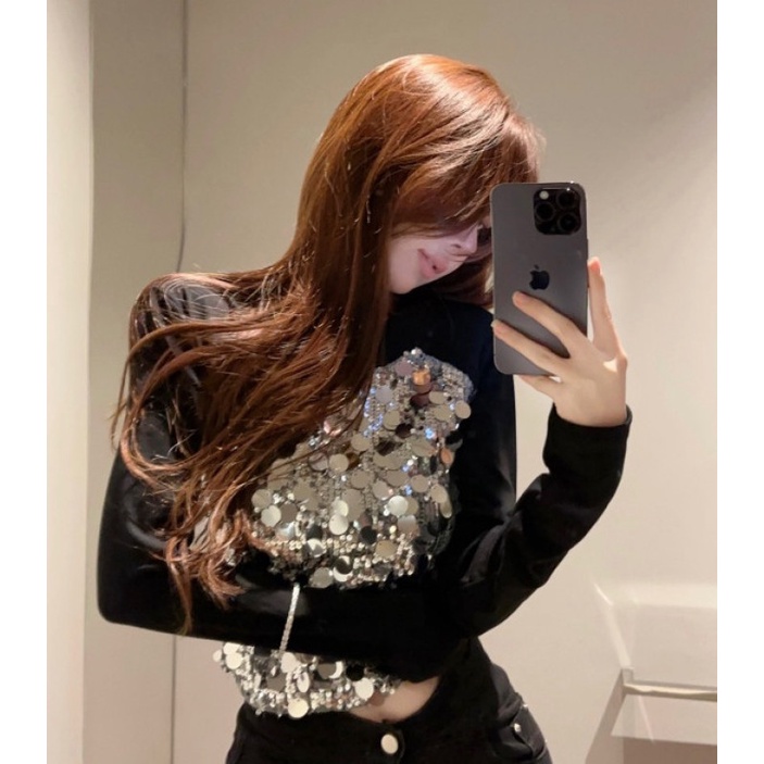 Áo Thun Tay Dài Đính Kim Sa Lấp Lánh Dễ Phối Đồ Thời Trang Mùa Thu