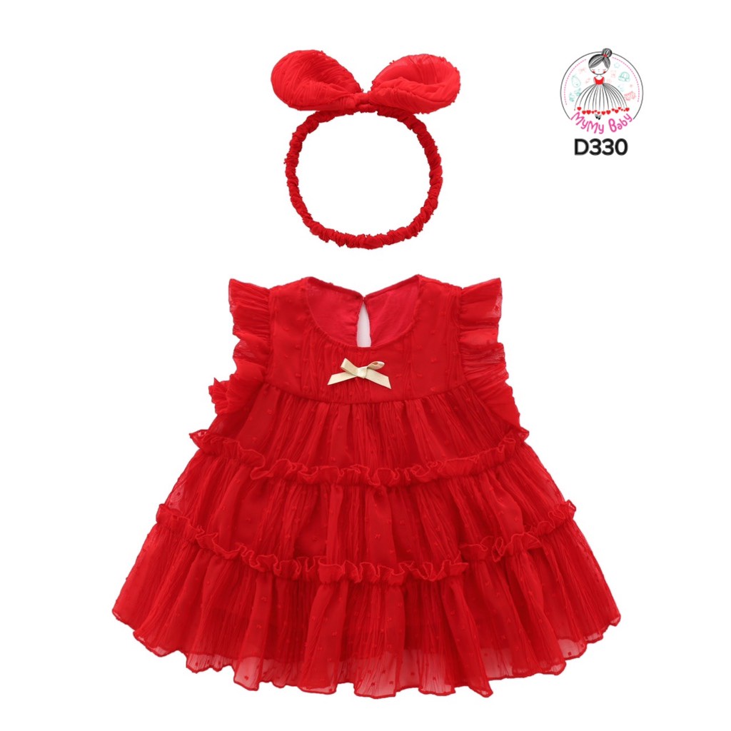 Đầm tầng đỏ nơ vàng sát nách kèm băng đô nơ