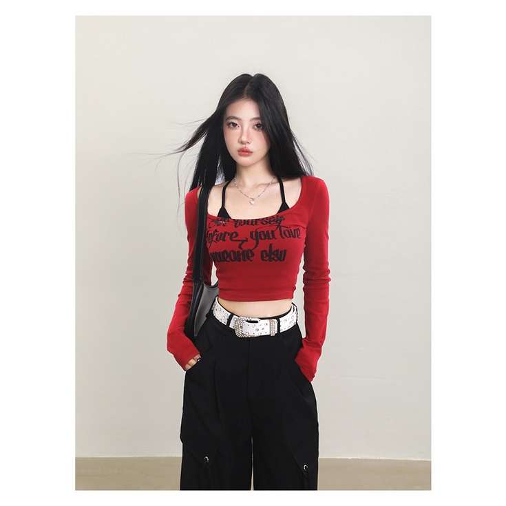 Milyfashion Bộ Áo Thun Hai Dây In Phông Chữ gothic Màu Trơn Thời Trang Mùa Thu Cho Nữ